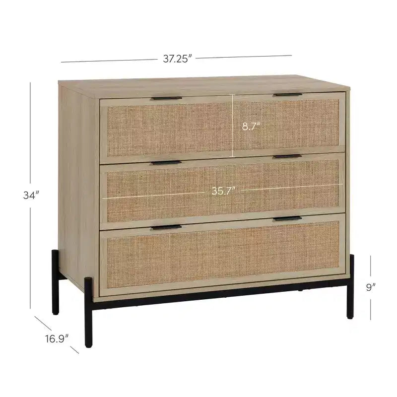 3-Drawer Storage Cabinet with Natural Rattan Accent and Metal Legs