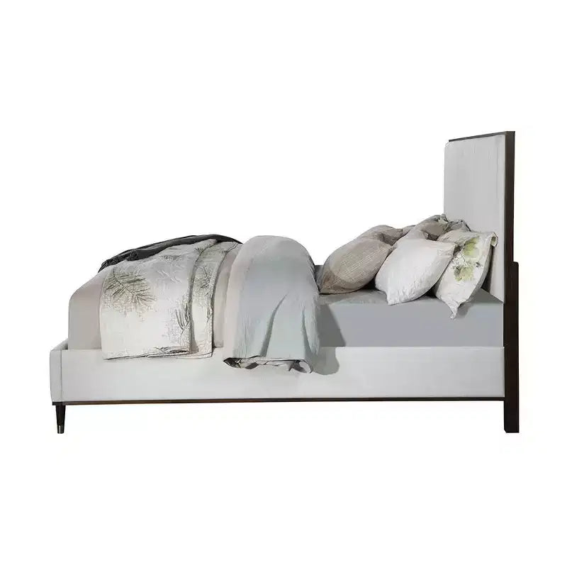 64.25" Queen Bed - Light Gray Fabric, White & Brown Finish, Upholstered Headboard