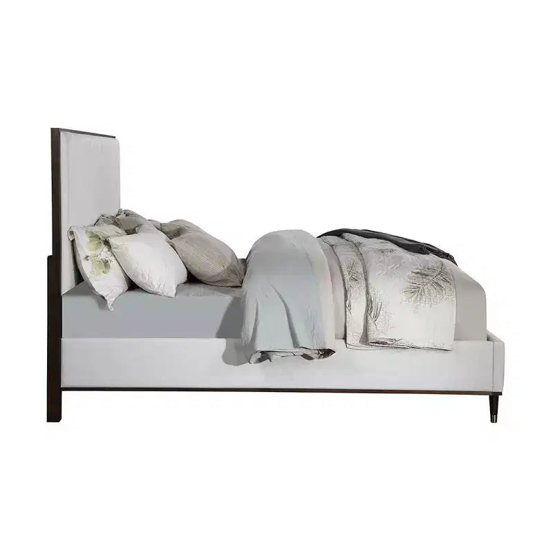 64.25" Queen Bed - Light Gray Fabric, White & Brown Finish, Upholstered Headboard