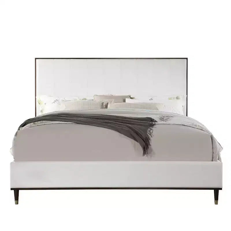 64.25" Queen Bed - Light Gray Fabric, White & Brown Finish, Upholstered Headboard