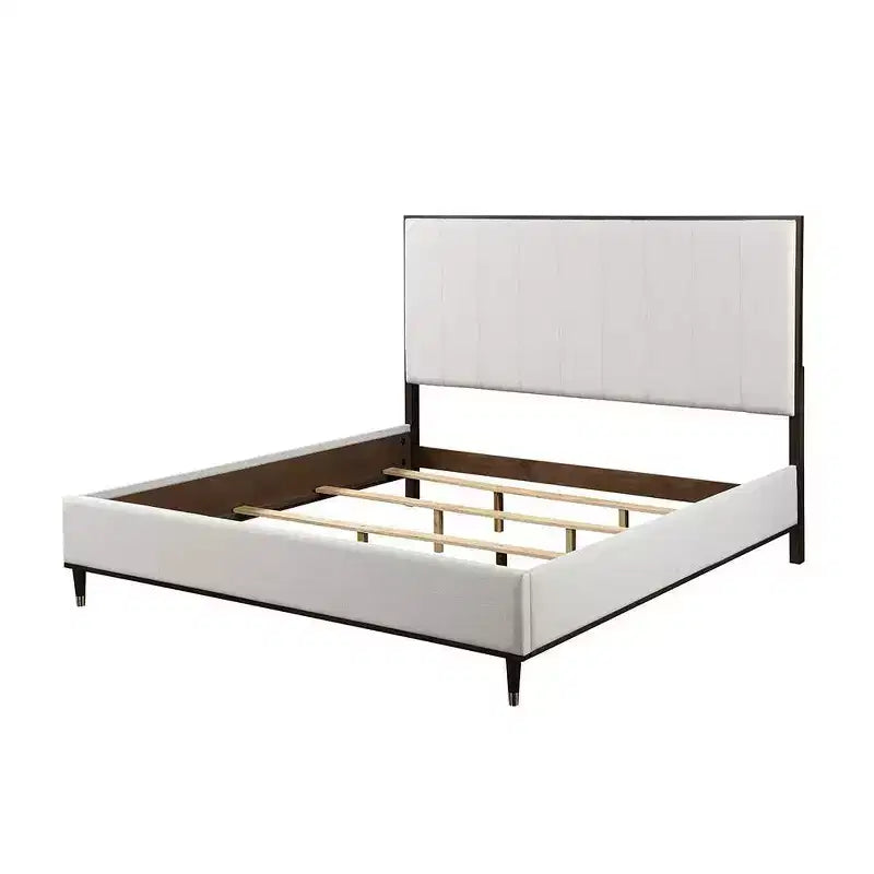 64.25" Queen Bed - Light Gray Fabric, White & Brown Finish, Upholstered Headboard