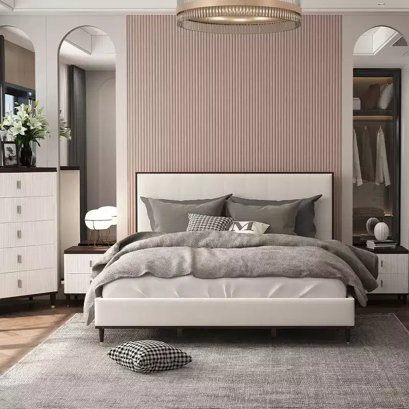 64.25" Queen Bed - Light Gray Fabric, White & Brown Finish, Upholstered Headboard