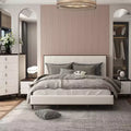 64.25" Queen Bed - Light Gray Fabric, White & Brown Finish, Upholstered Headboard