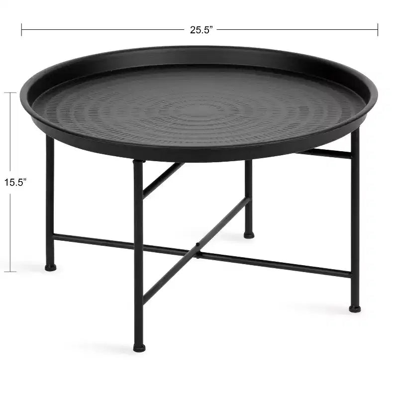 Round Metal Coffee Table with Moroccan Embossed Pattern, Black