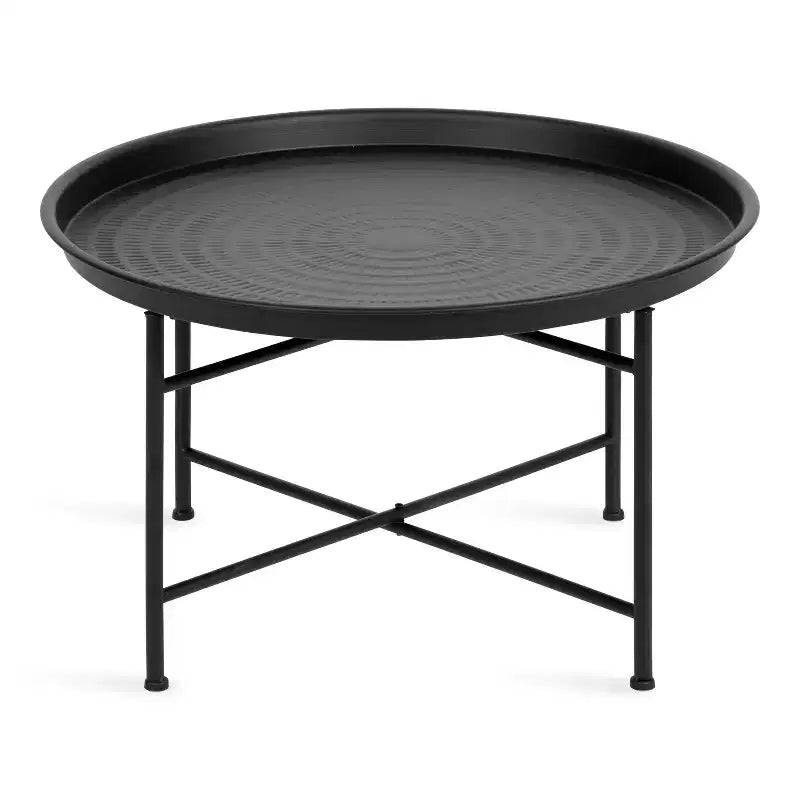 Round Metal Coffee Table with Moroccan Embossed Pattern, Black