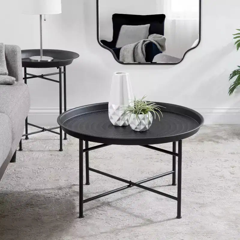 Round Metal Coffee Table with Moroccan Embossed Pattern, Black