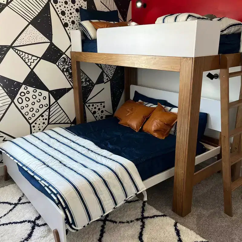 Mid-Century Modern Twin over Full L-Shaped Bunk Bed, Solid Wood
