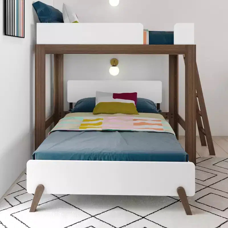 Mid-Century Modern Twin over Full L-Shaped Bunk Bed, Solid Wood