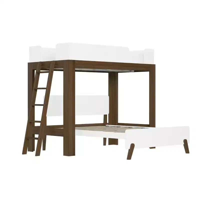 Mid-Century Modern Twin over Full L-Shaped Bunk Bed, Solid Wood