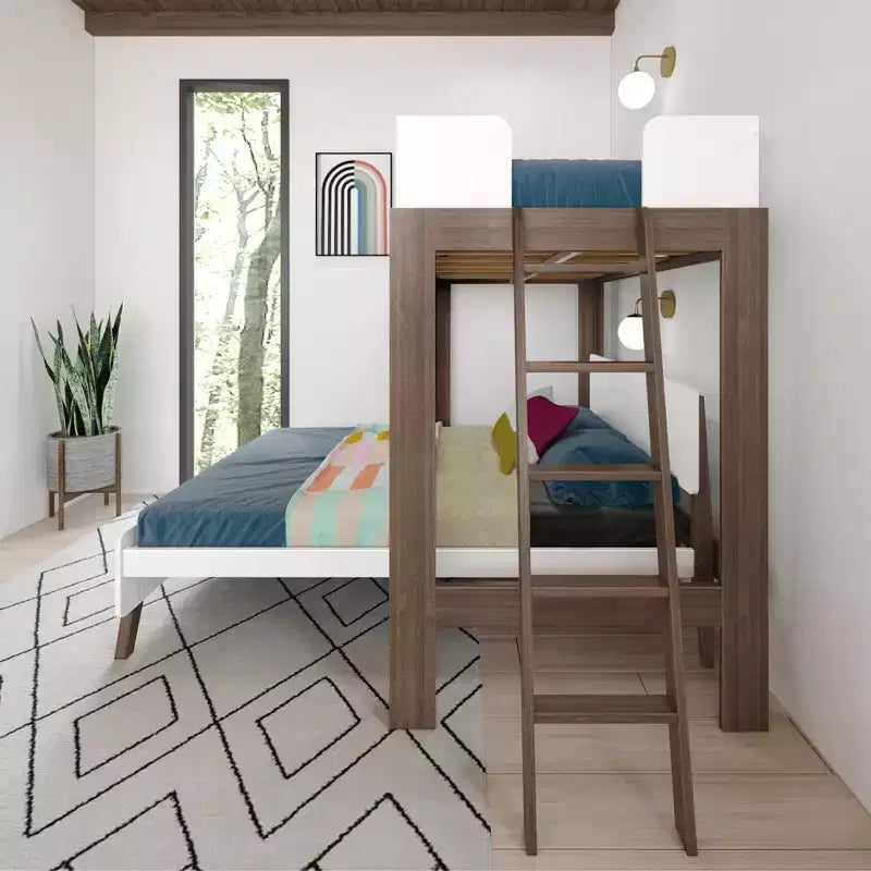 Mid-Century Modern Twin over Full L-Shaped Bunk Bed, Solid Wood