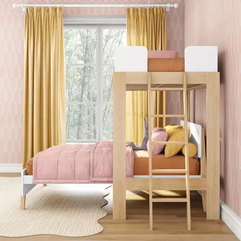 Mid-Century Modern Twin over Full L-Shaped Bunk Bed, Solid Wood