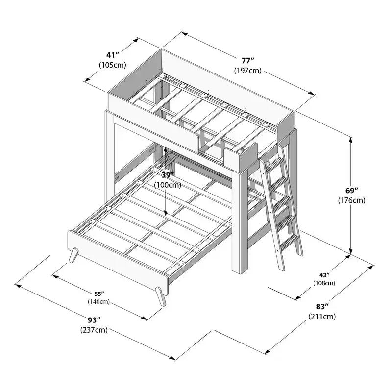Mid-Century Modern Twin over Full L-Shaped Bunk Bed, Solid Wood