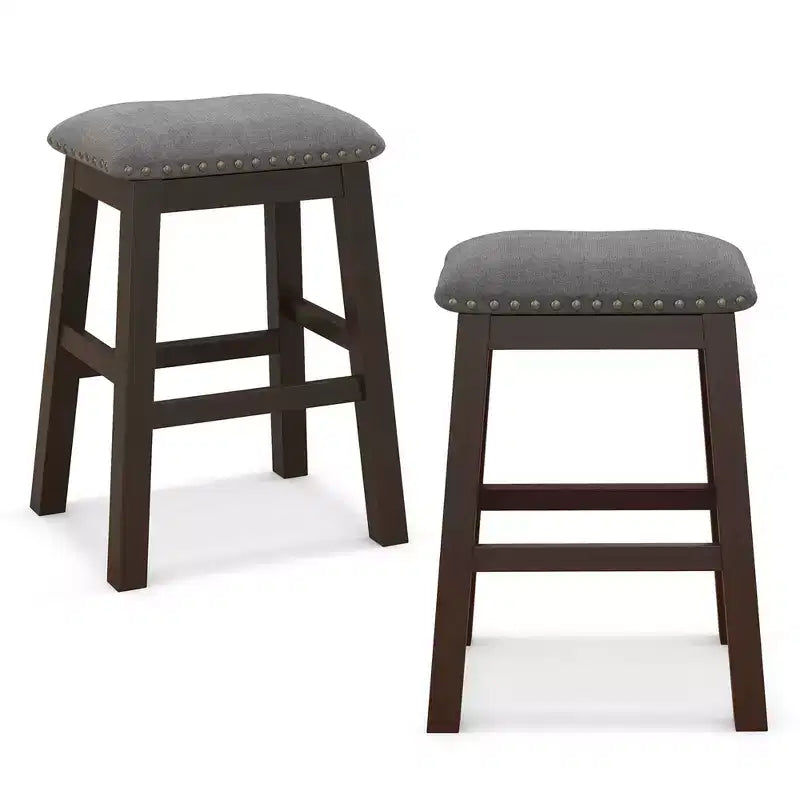 Set of 2 Upholstered Saddle Bar Stools 24.5" with Wooden Legs, Gray