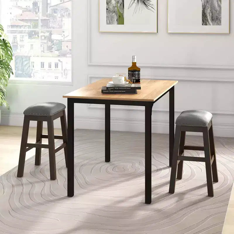Set of 2 Upholstered Saddle Bar Stools 24.5" with Wooden Legs, Gray