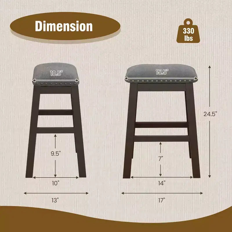 Set of 2 Upholstered Saddle Bar Stools 24.5" with Wooden Legs, Gray
