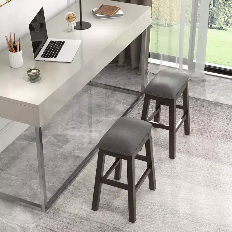 Set of 2 Upholstered Saddle Bar Stools 24.5" with Wooden Legs, Gray