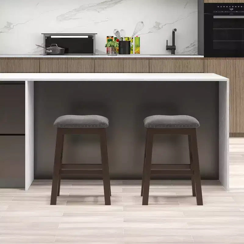 Set of 2 Upholstered Saddle Bar Stools 24.5" with Wooden Legs, Gray