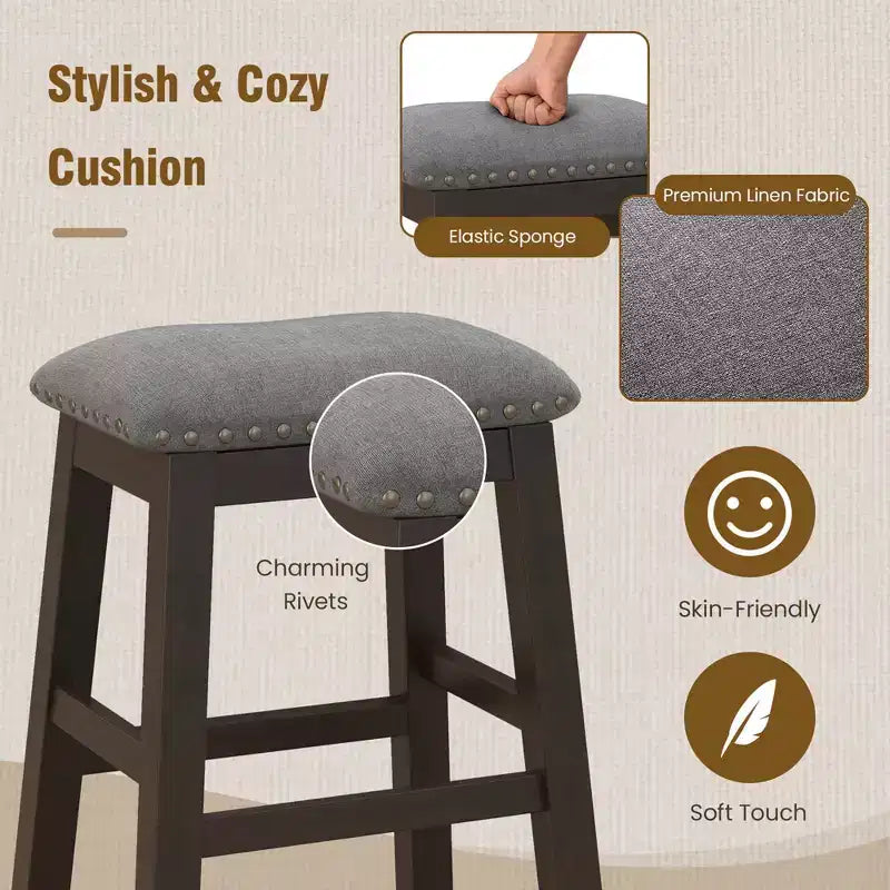 Set of 2 Upholstered Saddle Bar Stools 24.5" with Wooden Legs, Gray
