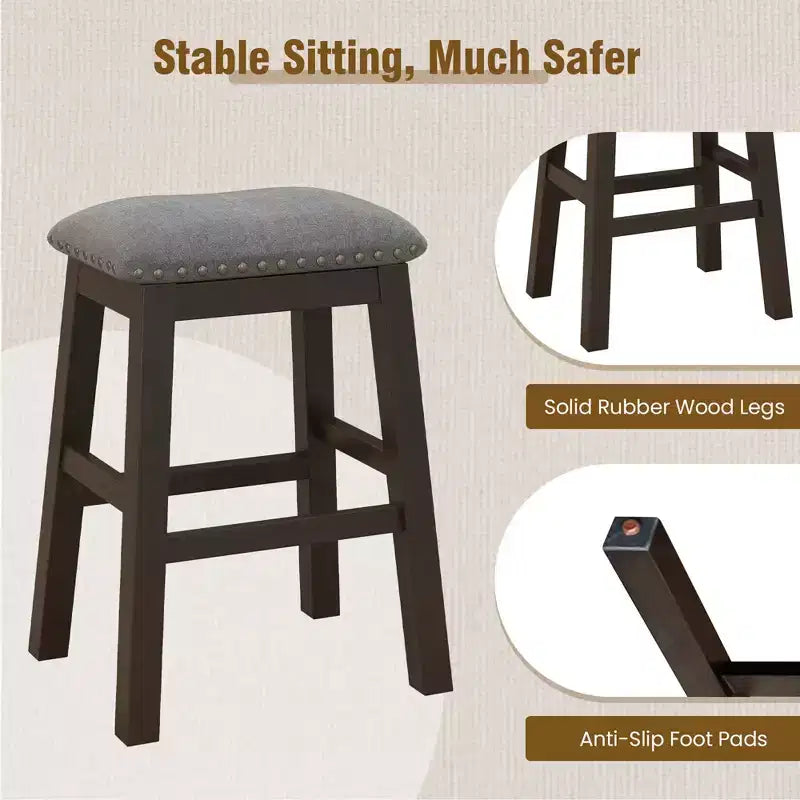 Set of 2 Upholstered Saddle Bar Stools 24.5" with Wooden Legs, Gray