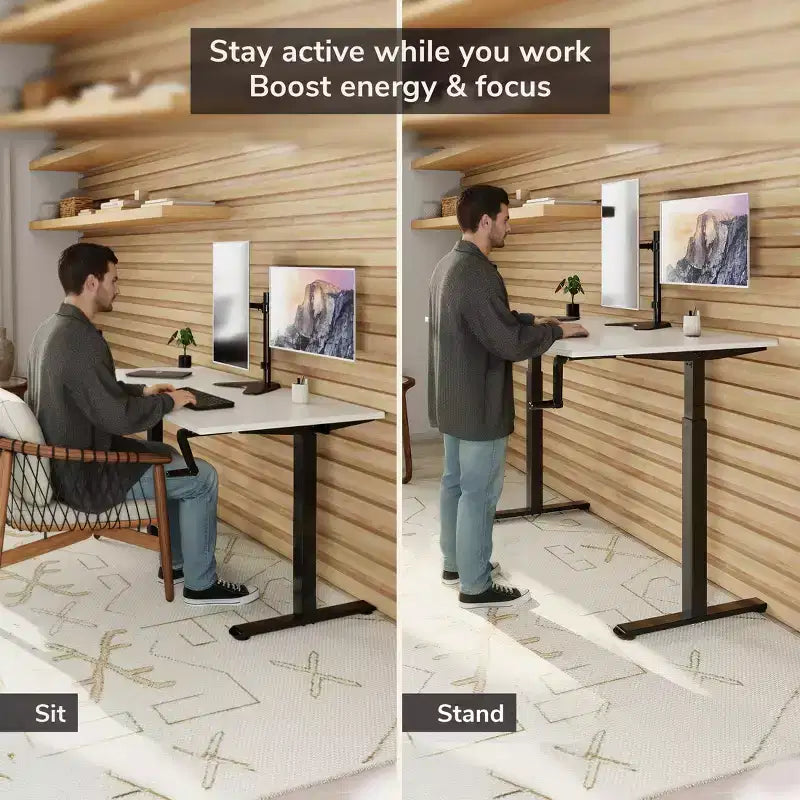Hand Crank Sit-Stand Desk with 55" Tabletop - White & Black