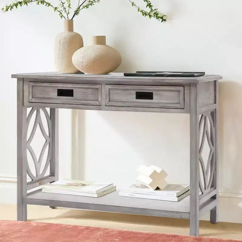 Gray Wood 2-Drawer 1-Shelf Console and Entryway Table