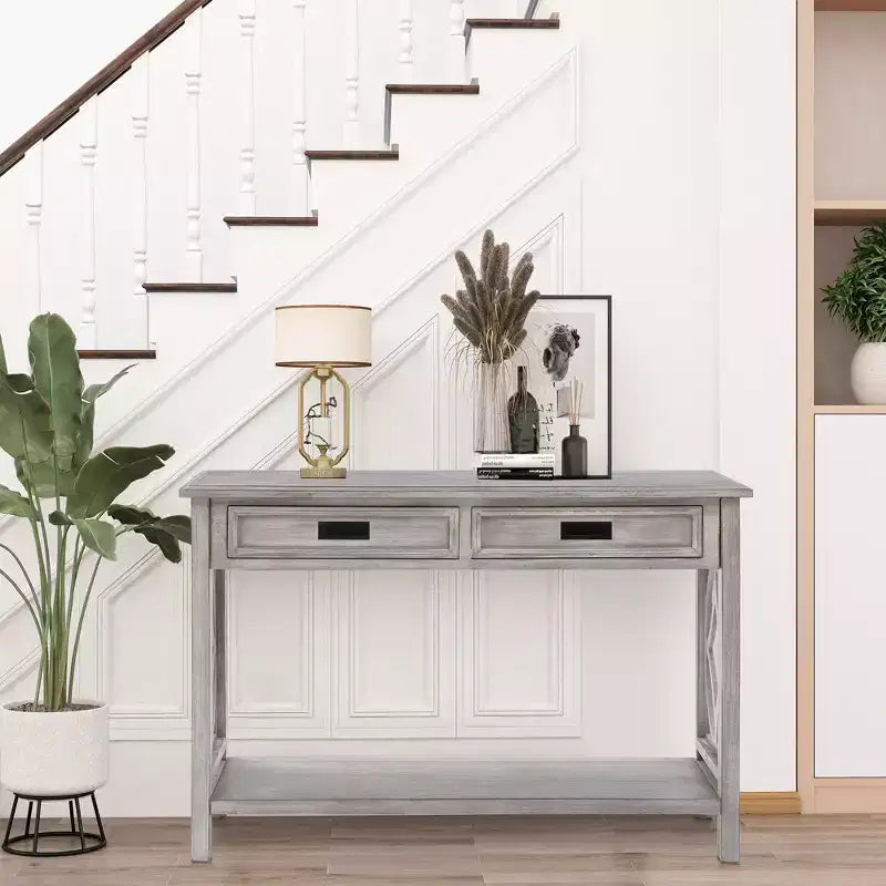 Gray Wood 2-Drawer 1-Shelf Console and Entryway Table