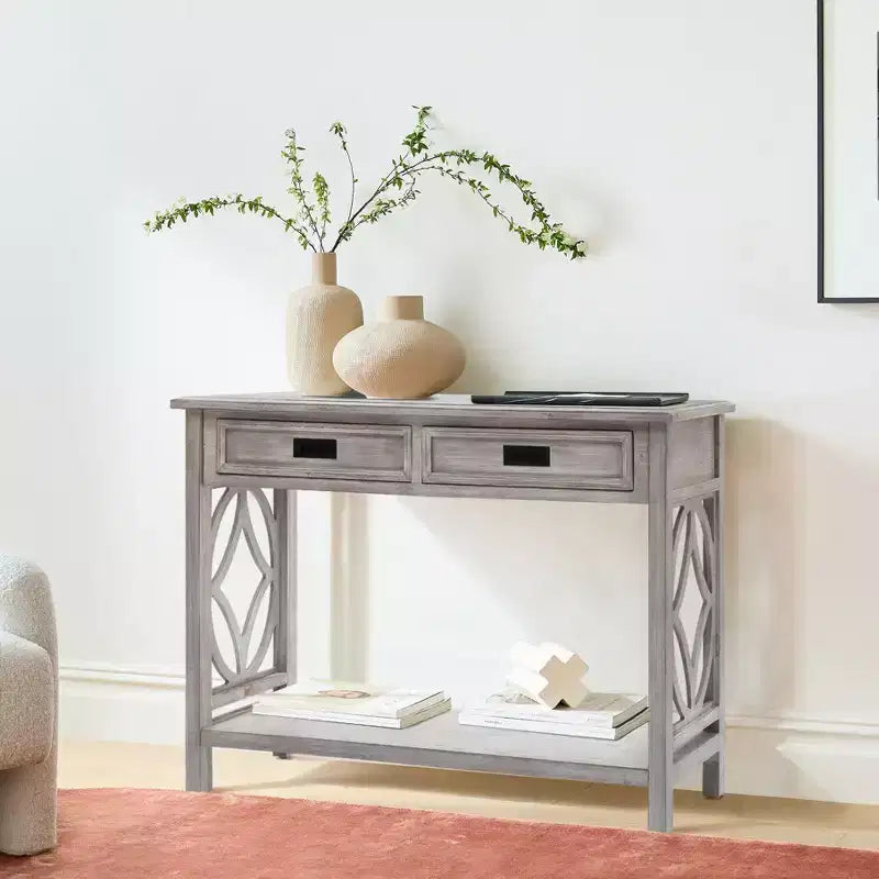 Gray Wood 2-Drawer 1-Shelf Console and Entryway Table