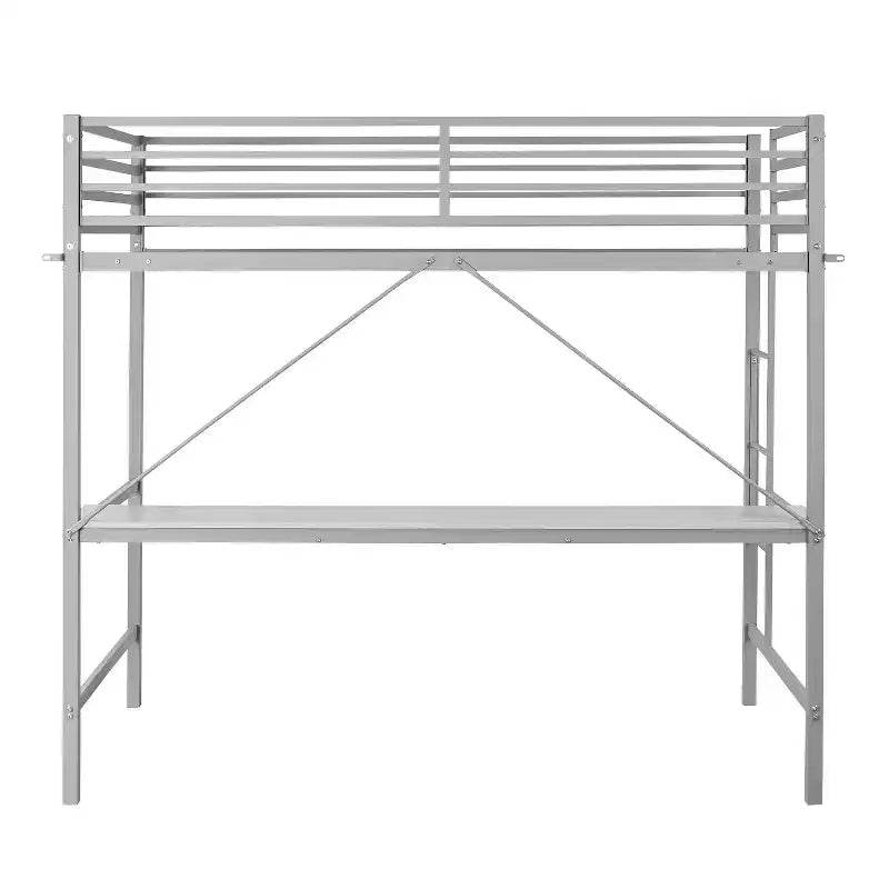 Metal Loft Bed Frame with Desk, Guard Rails and Ladder for Kids, Teens and Adults