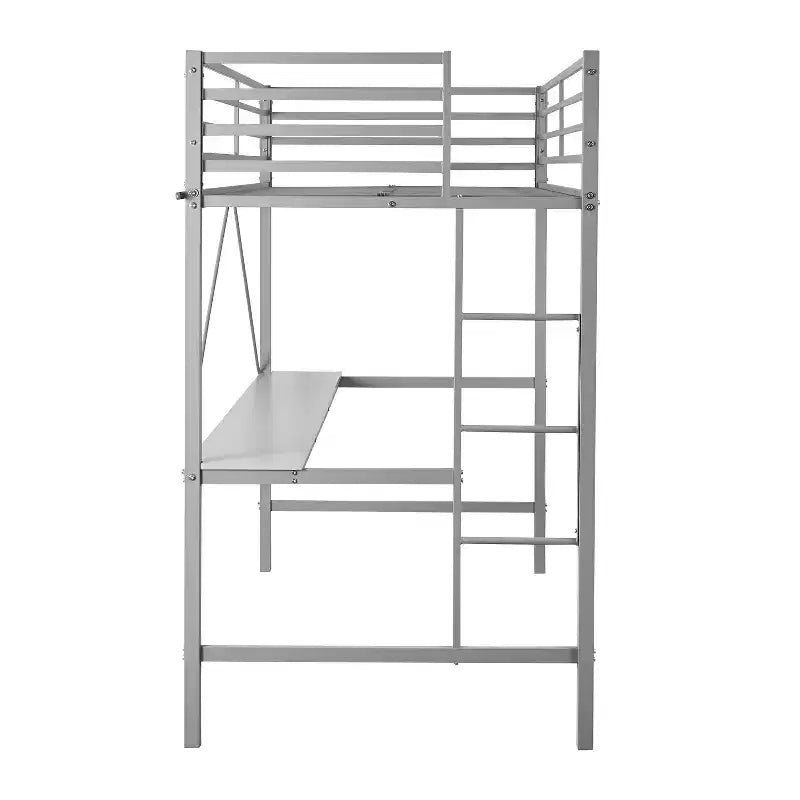 Metal Loft Bed Frame with Desk, Guard Rails and Ladder for Kids, Teens and Adults