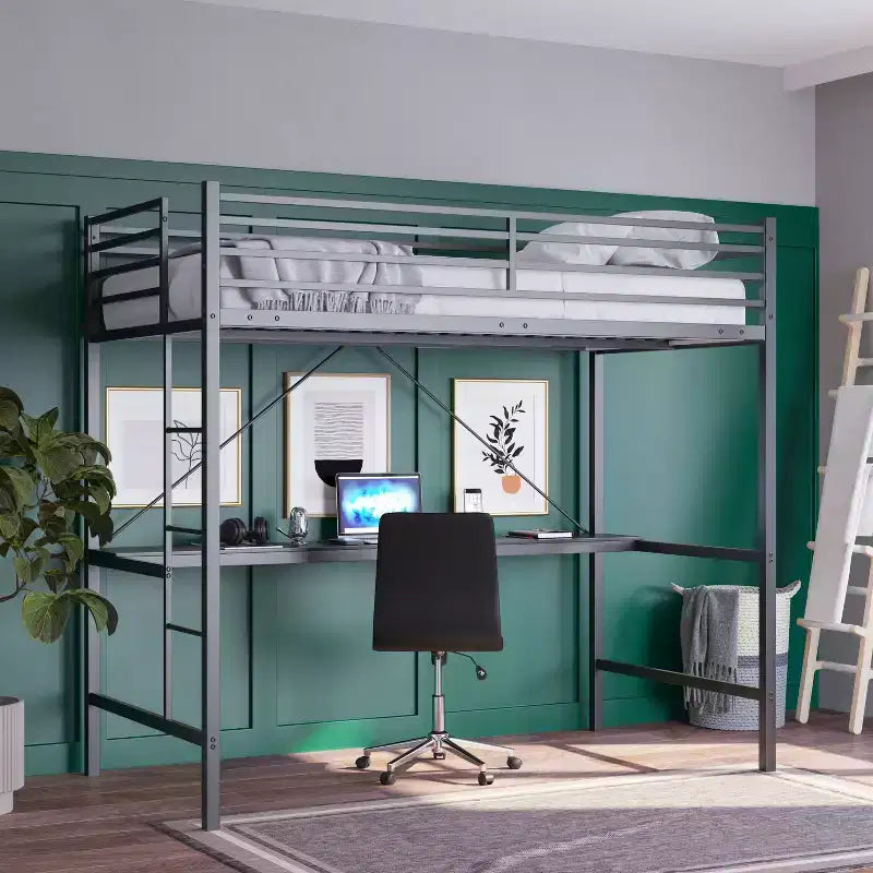 Metal Loft Bed Frame with Desk, Guard Rails and Ladder for Kids, Teens and Adults