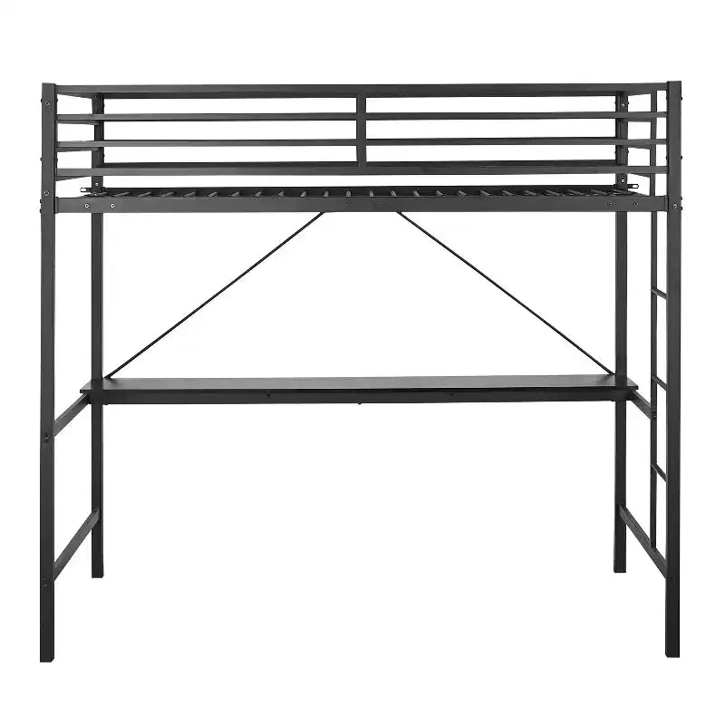 Metal Loft Bed Frame with Desk, Guard Rails and Ladder for Kids, Teens and Adults