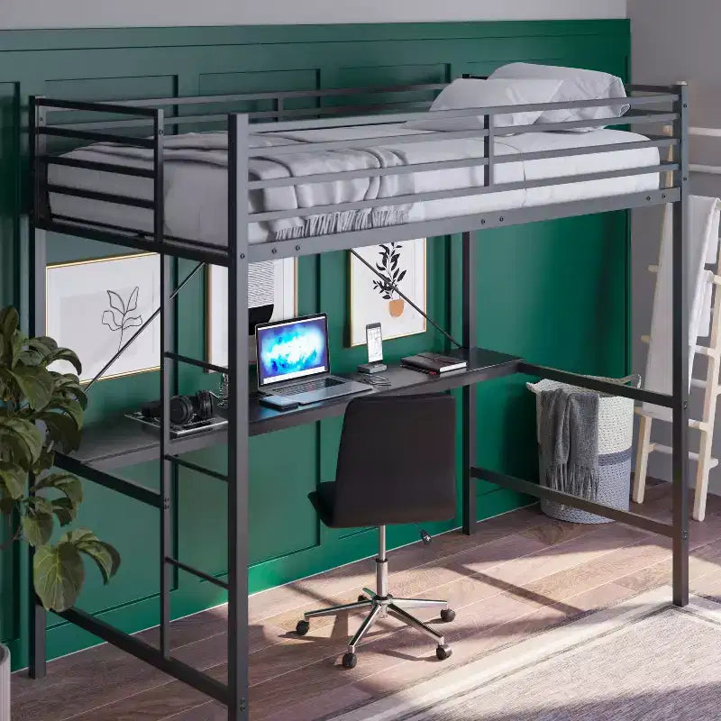 Metal Loft Bed Frame with Desk, Guard Rails and Ladder for Kids, Teens and Adults