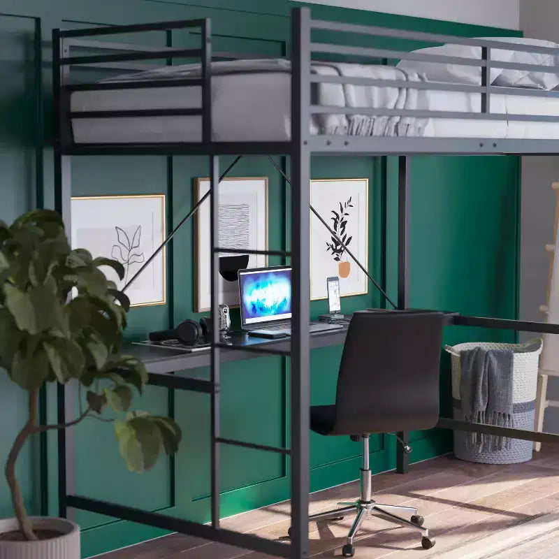 Metal Loft Bed Frame with Desk, Guard Rails and Ladder for Kids, Teens and Adults