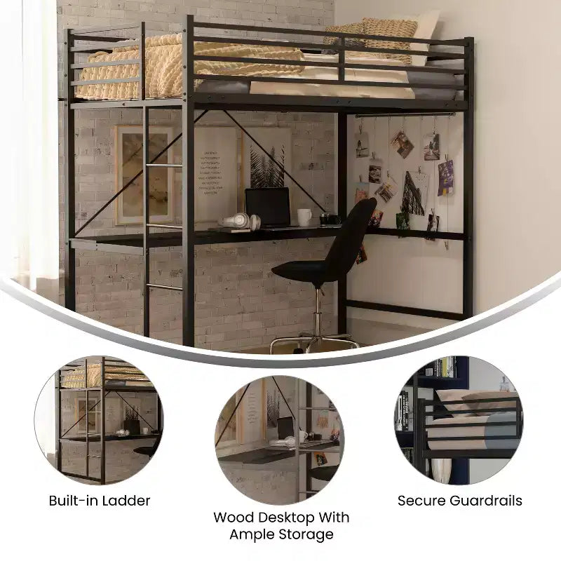 Metal Loft Bed Frame with Desk, Guard Rails and Ladder for Kids, Teens and Adults