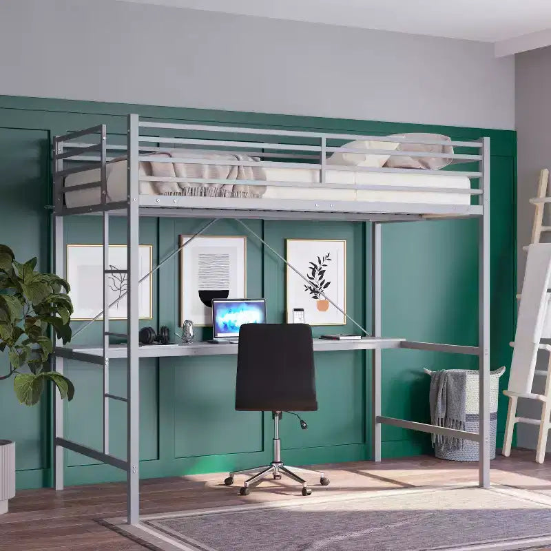 Metal Loft Bed Frame with Desk, Guard Rails and Ladder for Kids, Teens and Adults
