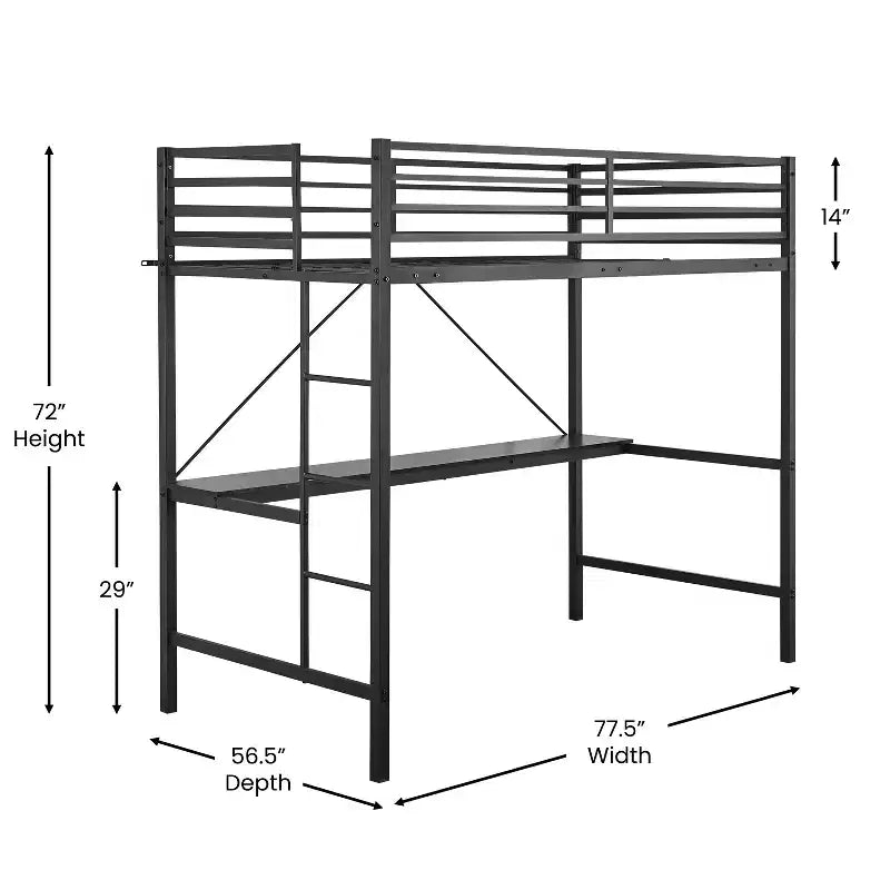 Metal Loft Bed Frame with Desk, Guard Rails and Ladder for Kids, Teens and Adults