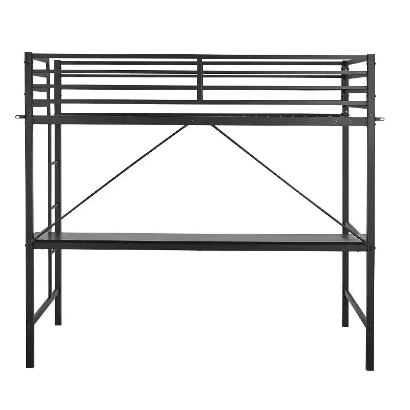 Metal Loft Bed Frame with Desk, Guard Rails and Ladder for Kids, Teens and Adults