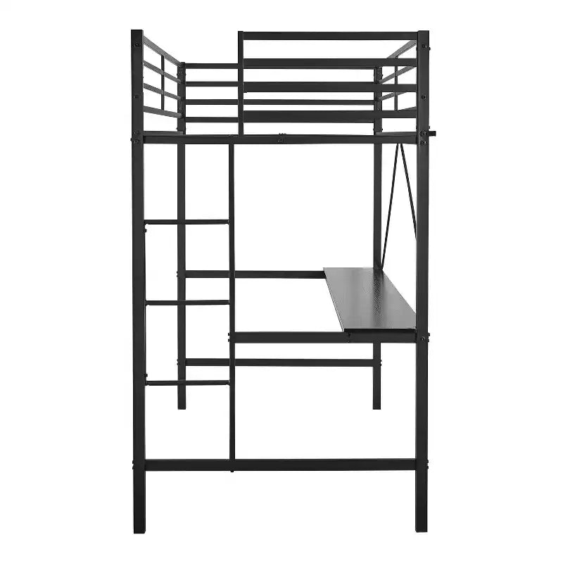Metal Loft Bed Frame with Desk, Guard Rails and Ladder for Kids, Teens and Adults