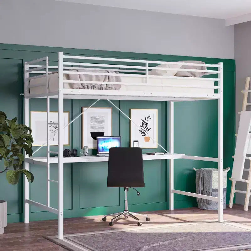Metal Loft Bed Frame with Desk, Guard Rails and Ladder for Kids, Teens and Adults