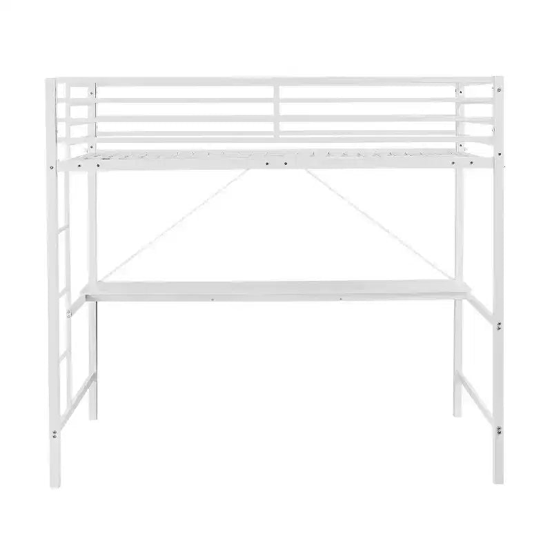Metal Loft Bed Frame with Desk, Guard Rails and Ladder for Kids, Teens and Adults
