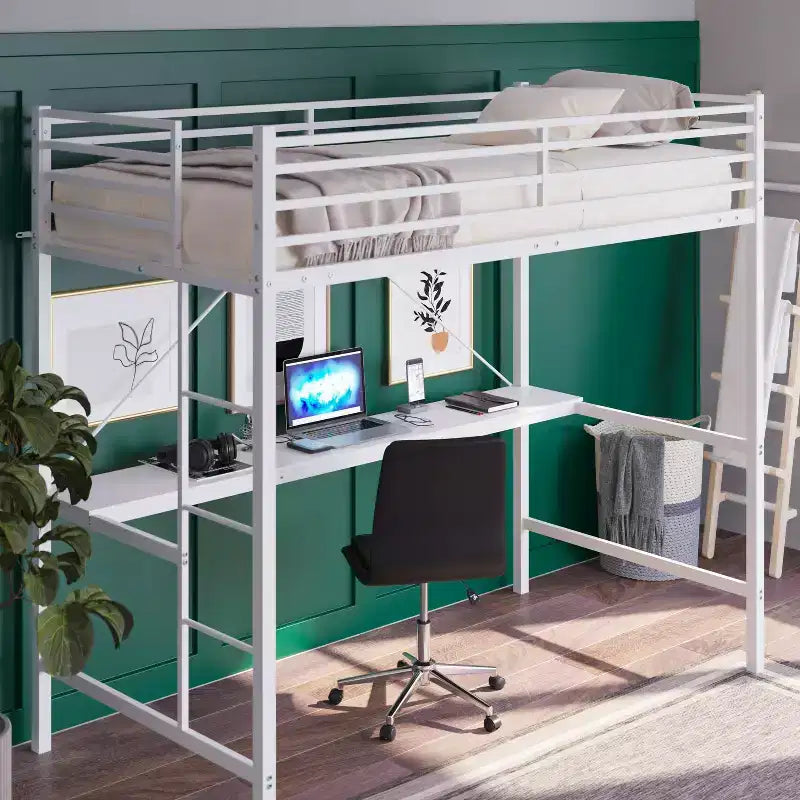 Metal Loft Bed Frame with Desk, Guard Rails and Ladder for Kids, Teens and Adults