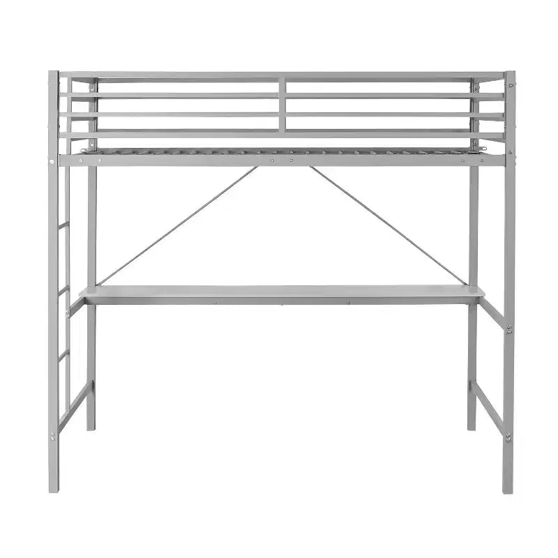 Metal Loft Bed Frame with Desk, Guard Rails and Ladder for Kids, Teens and Adults
