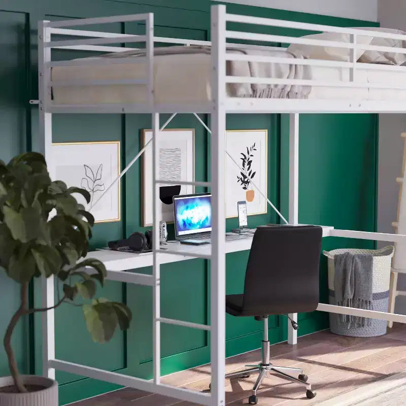 Metal Loft Bed Frame with Desk, Guard Rails and Ladder for Kids, Teens and Adults
