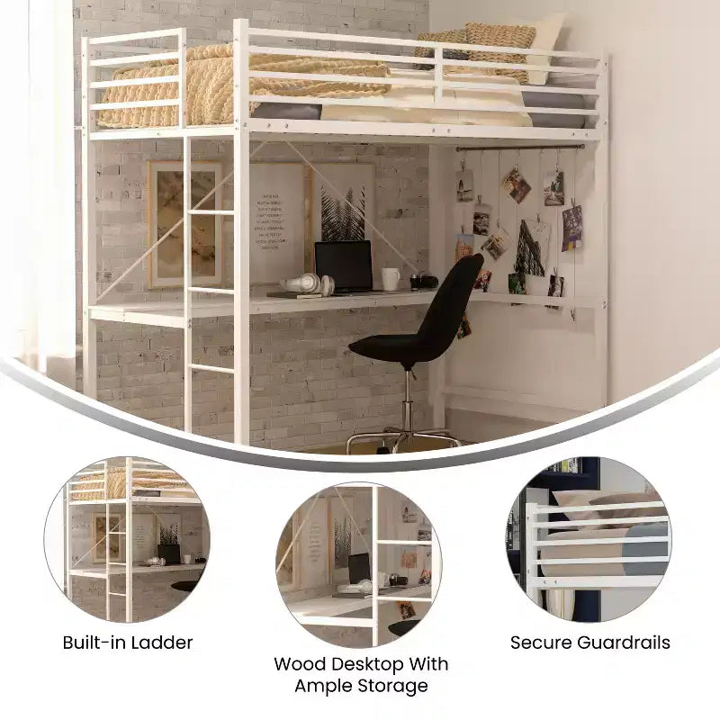 Metal Loft Bed Frame with Desk, Guard Rails and Ladder for Kids, Teens and Adults