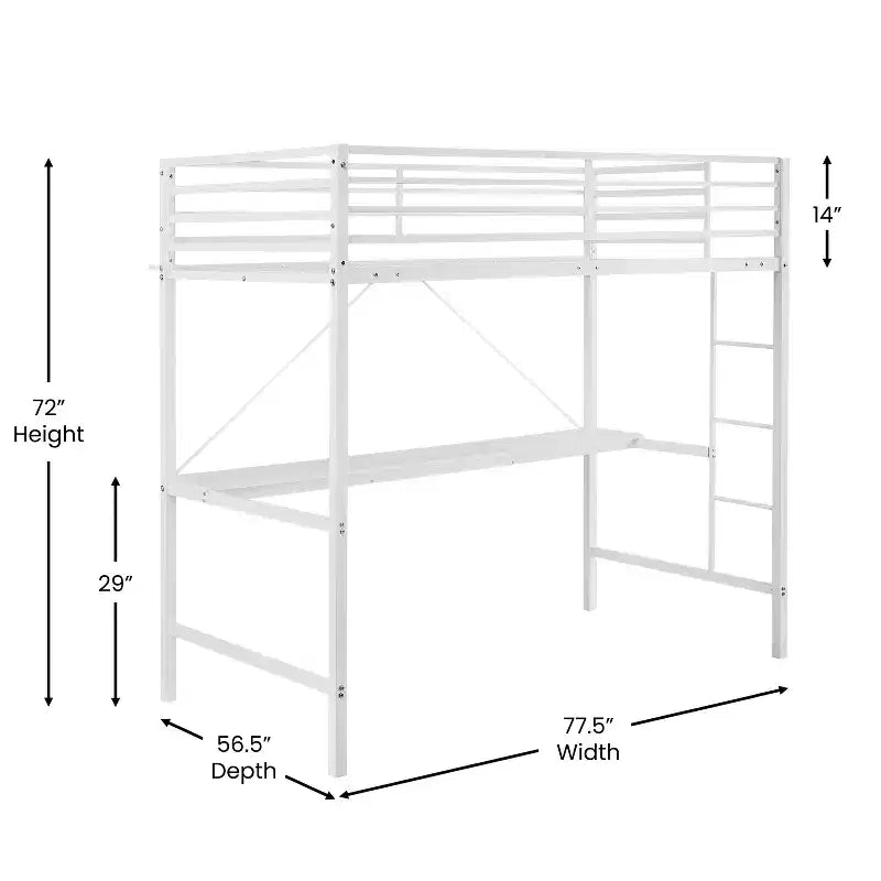 Metal Loft Bed Frame with Desk, Guard Rails and Ladder for Kids, Teens and Adults