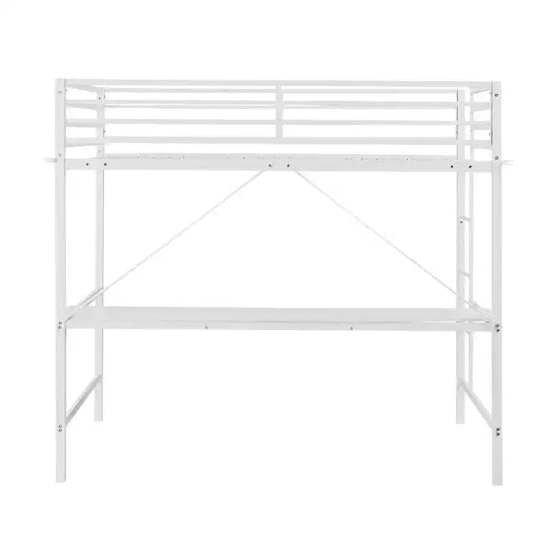 Metal Loft Bed Frame with Desk, Guard Rails and Ladder for Kids, Teens and Adults