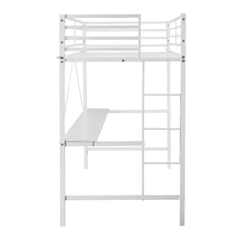 Metal Loft Bed Frame with Desk, Guard Rails and Ladder for Kids, Teens and Adults