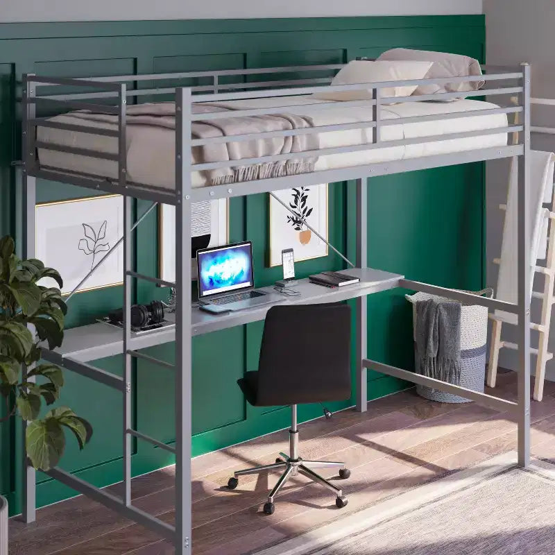 Metal Loft Bed Frame with Desk, Guard Rails and Ladder for Kids, Teens and Adults