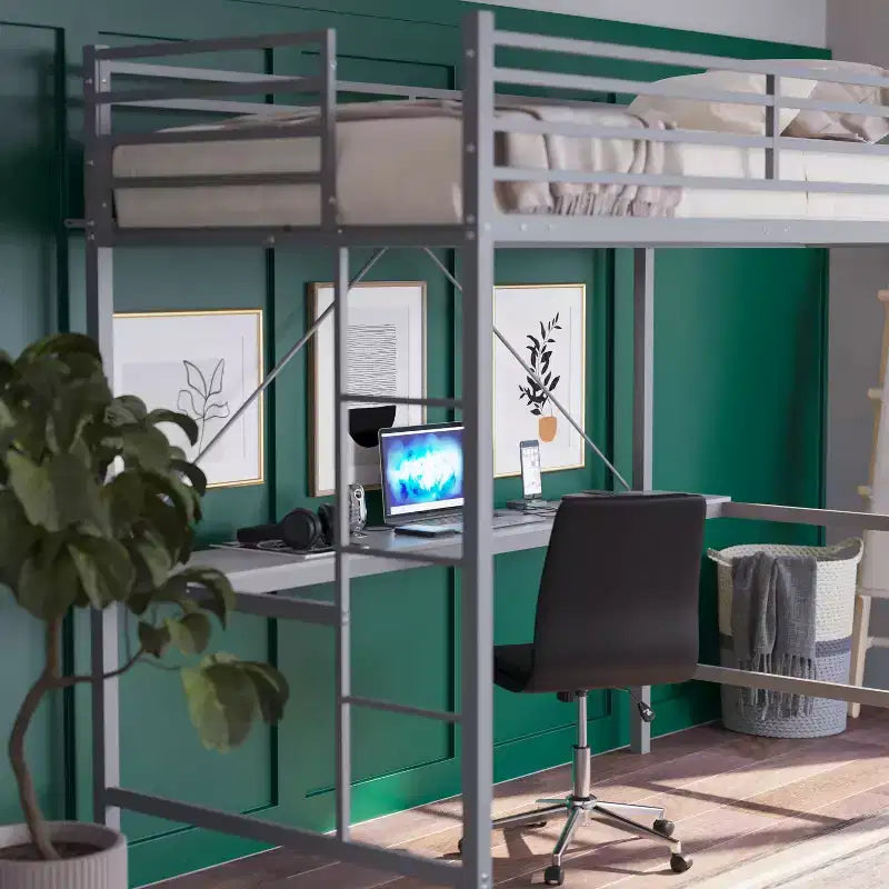 Metal Loft Bed Frame with Desk, Guard Rails and Ladder for Kids, Teens and Adults
