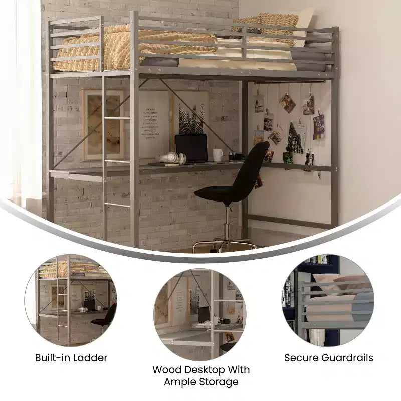 Metal Loft Bed Frame with Desk, Guard Rails and Ladder for Kids, Teens and Adults